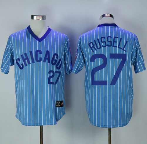 Cubs #27 Addison Russell Blue(White Strip) Cooperstown Throwback Stitched MLB Jersey - Click Image to Close